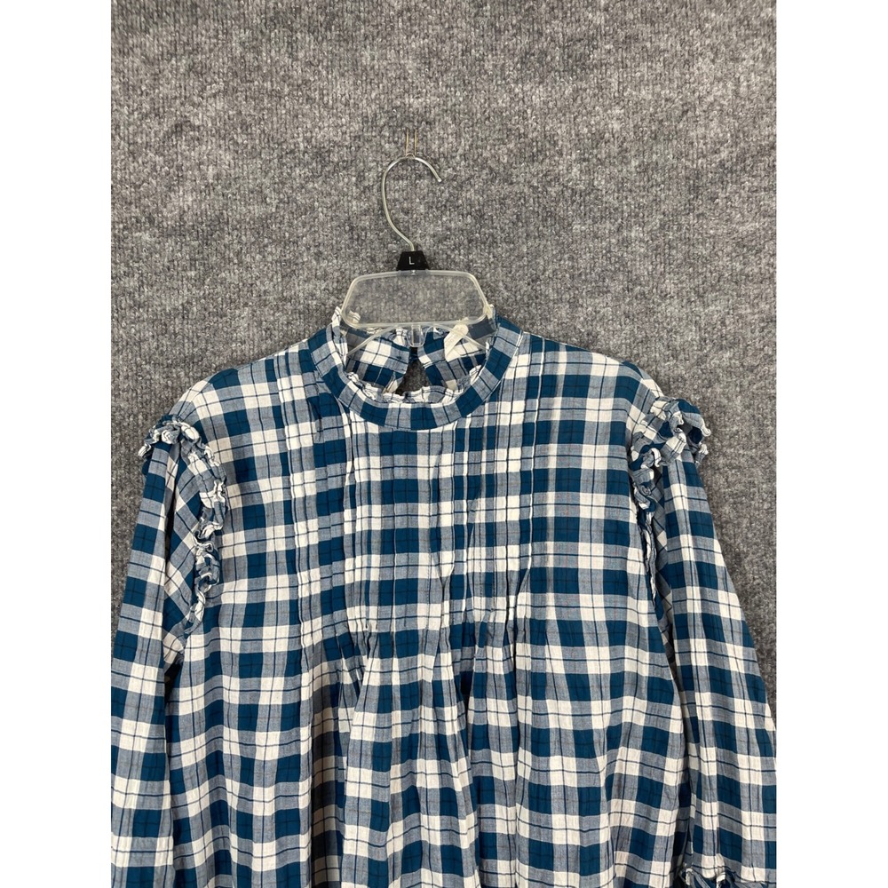 Urban Outfitters Plaid Tunic Women Size L Blue White Excellent Ruffle Sleeve - Picture 2 of 13